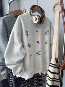 女士长袖套头衫，精致花卉刺绣针织面料，常规长度上衣 - 淺灰色 - 查看 3