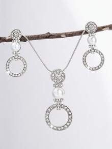Damen Ring Faux Perle Anhänger Ohrringe Schmuckset mit Strass Rundhalskette und Ohrstecker, Zwei-Teile-Set, neutraler Schmuck Geschenk für Verwandte und Freunde, Geburtstag/Party/Fest Geschenk - Silber - Übersicht 3