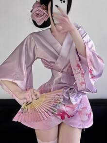 1pc Japanese Style Sakura Maid Sexy Innocent Kimono Dress Costume Set, Suitable For Festivals, Parties, Performances, Photoshoots, Includes Dress Only