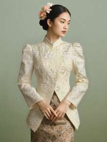 现代优雅 Kebaya 女式立领衬衫，不对称设计，优雅，3D 花卉图案，适合传统 Kebaya 衬衫，马来西亚