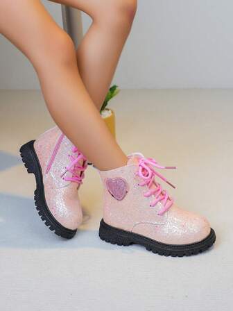 1 Pair Girls' New Heart-Shaped Design Flat Side Zipper Boots, Glitter Material, Comfortable Thick Sole, Suitable For 2-15 Years Old Girls, Students, Parties, Autumn/Winter, Fashion Classic Boots
