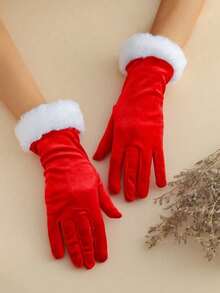 1 Pair Women's Short Velvet Christmas Gloves With White Fur Trim, Warm Party Gloves - Multicolor - View 4