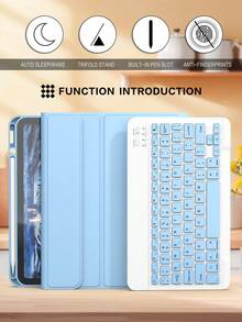 Wireless Keyboard Case Compatible With Ipad, Detachable Leather Protective Cover With Pencil Slot, Auto Sleep/Wake Function, Removable Wireless Bluetooth Keyboard With 150mAh Battery Capacity, Slim & Lightweight Stand Case - Light Blue