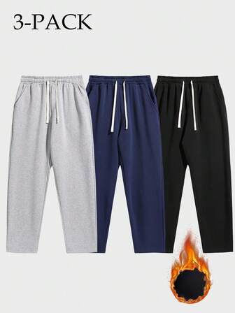 3 pares de pantalones de chándal rectos y gruesos para hombres, pantalones jogger casuales de corte holgado en color gris para otoño
