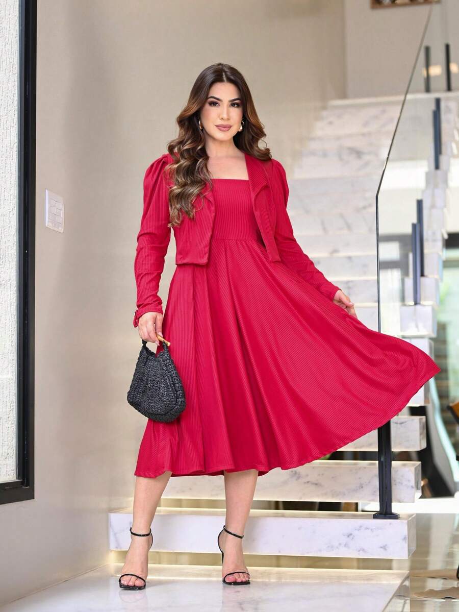 Midi Flared Dress + Blazer Set Elegant Executive Evangelical Fashion - Đỏ - Xem 1