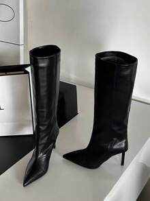 Giày bốt cưỡi ngựa cao đến giữa bắp chân, mũi nhọn, ôm sát, màu kaki, kiểu dáng mới năm 2025, dành cho nữ, thích hợp cho mùa xuân, thu và đông, bốt cao đến đầu gối, bốt gót nhọn, bốt gót nhọn cao. - màu đen - Xem 1