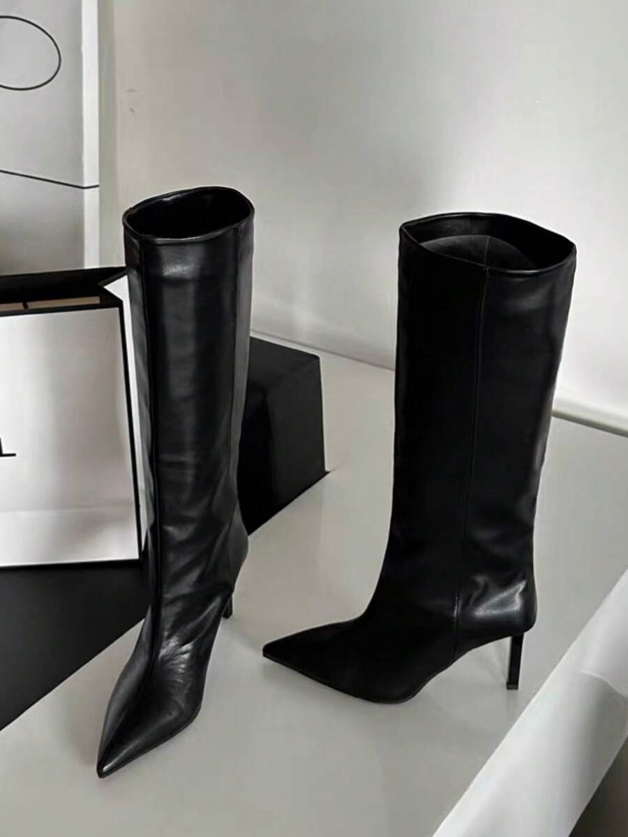 Giày bốt cưỡi ngựa cao đến giữa bắp chân, mũi nhọn, ôm sát, màu kaki, kiểu dáng mới năm 2025, dành cho nữ, thích hợp cho mùa xuân, thu và đông, bốt cao đến đầu gối, bốt gót nhọn, bốt gót nhọn cao. - màu đen - Xem 1