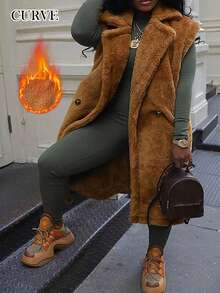 大码女式棕色休闲翻领双扣口袋纯色毛绒开衫外套 - 咖啡棕 - 查看 1