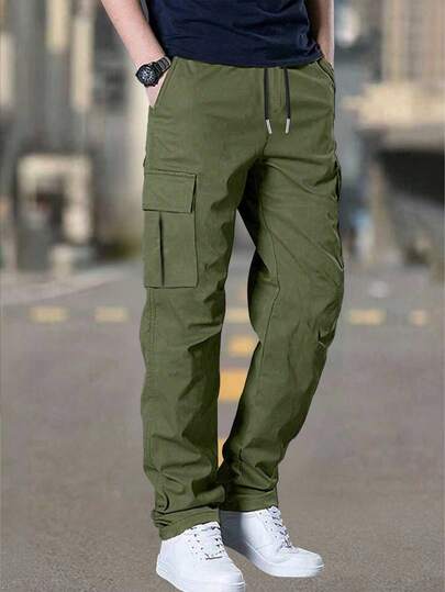 1pc Plus Size Men's Multi-Pocket Solid Color Cargo Pants, Casual Loose Fit Trousers For Daily Commute, Sports, Outdoor, Hiking, Gym, Running, Versatile And Fashionable, Straight Leg