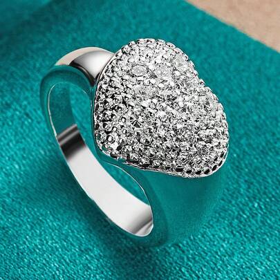 Anillo con forma de corazón chapado en plata de ley 925 con circonita cúbica, talla 7-10, joyería de moda para bodas, fiestas y encantos