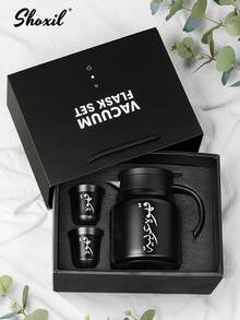 shoxil 3pcs/Set Stainless Steel Arabic Coffee Pot Set – 1000ml Vacuum Insulated Coffee Carafe With 2 Double-Walled Cups, Heat & Cold Resistant, Traditional Gift For Home, Office, Serving - Black - View 8