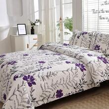 Vintage Grey Leaves Purple Floral Bedding Set Queen Size Bedspread Coverlet Reversible Quilt