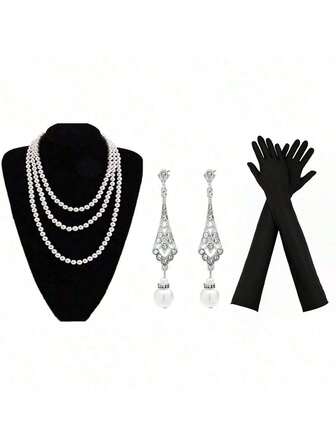 3 delar/set, 1920-tal, Dambröllopsfest Sminkbal Svensexa Retro Elegant Hepburn-stil Gatsby-serie Dekorativt accessoarset. Flerskiktat halsband, hängeörhängen, långa handskar