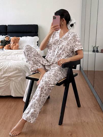 Conjunto de pijama feminino de 2 peças, blusa de manga curta com gola de beisebol e estampa floral de coelho e calças compridas, roupa de dormir feminina para todas as estações