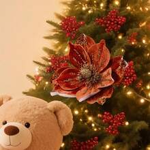 Flor artificial navideña, adorno brillante y colorido para la punta del árbol, ideal para decorar el hogar o como detalle para fiestas. - Naranja - Ver 4