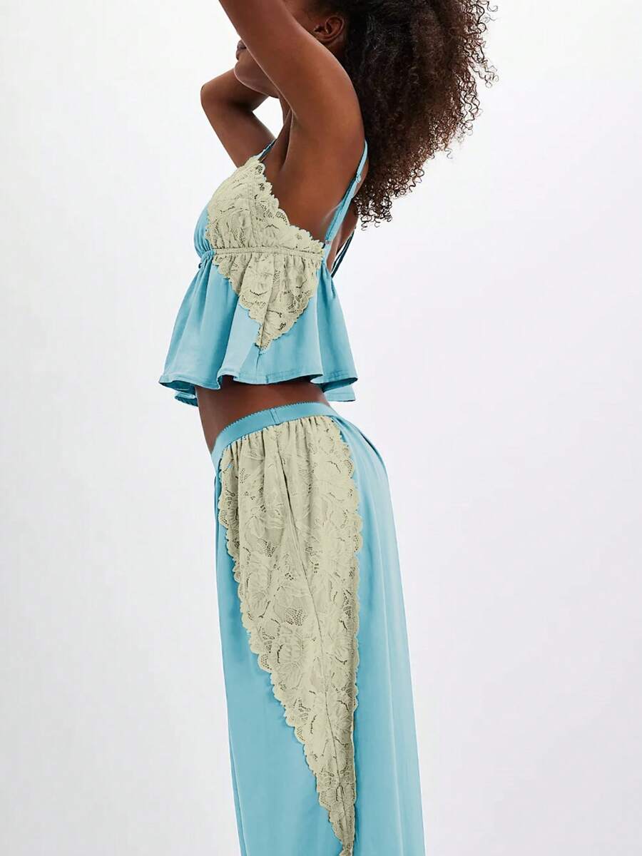 Women's Y2K Lace Satin Pajama Sets Lace Patchwork Spaghetti Strap Ruffled Cami Tops With Loose Pants 2Pcs Soft Sleepwear Fashion Loungewear Aesthetic Clothes Outfit Casual Pj - 藍色 - 查看 1