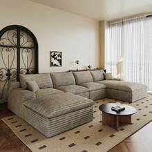 LUCKHAO 135" Sectional Couches For Living Room Modern Modular Sofa With U-Shape Couchs Upholstered Boneless Couch Deep Seat Sectional Couch With Chaise (Facing Chaise+3Seaters+Ottoman) - 右向躺椅+3座+1個腳凳(駝色) - 查看 5