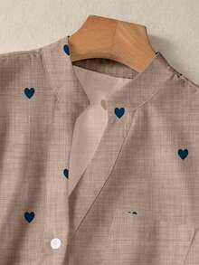 ​Women's Romantic Heart Print Long Sleeve Button Down Shirt With Pocket Fall Winter Tops​ - Coffee Brown - View 10