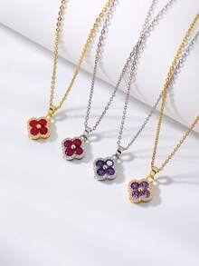 1pc Fashionable Minimalist Women's Zirconia Four-Leaf Clover Heart Necklace - Multicolor - View 3