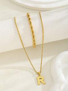 2 件/套经典简约镀金首字母吊坠不锈钢扭绳链项链和手链适合男孩女孩时尚街头派对字母颈链首饰适合日常佩戴和朋友生日礼物