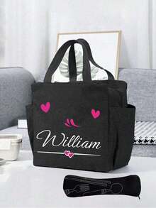 1 pieza Bolsa de almuerzo aislada con diseño personalizable de nombre y corazón, diseño de bolsillo doble, gran capacidad para lonchera de estudiante, forro de aluminio grueso - Negro - Ver 15