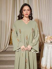 女士V领长袖串珠优雅宽松睡袍 - 綠色 - 查看 6