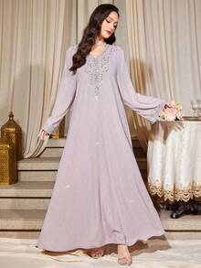 V-Neck Long Sleeve Beaded Pearls Rhinestones Embellished Vacation Dress - Pink - View 2