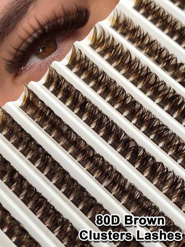 200 PCS 80D D Curl Brown DIY Clusters Lashes Fluffy Soft Clusters Eyelashes Natural Look Lightweight 9mm-16mm Reusable Mix Style Clusters Eyelashes