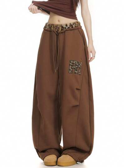 Vintage Loose Pleated Leopard Patchwork Flared Jazz Dance Casual Pants For Women