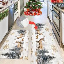 1 pièce Paillasson avec motif de renne de Noël, flocon de neige et sapin imprimé sur surface en fausse laine avec fond en TPR. Tapis de salle de bain, tapis de cuisine, tapis de buanderie, décoration de fête, décoration de maison, décoration de mariage, décoration de salle à manger