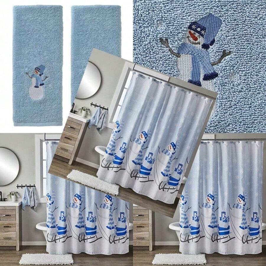 Christmas/Winter Man Sled Hand Towel 2pc Set For Bath/Kitchen/Bar And Gift Blue
