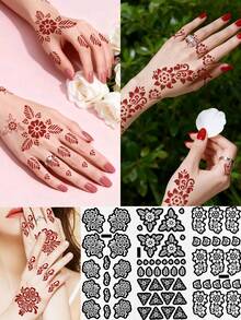 3 أوراق قالب وشم للوشم الحقيقي، بنمط زهري مناسب للاستخدام اليدوي، مجموعة قوالب وشم مؤقتة قابلة لإعادة الاستخدام مناسبة للتجمعات اليومية - الأسود - مشاهدة 12