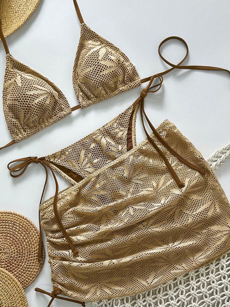 3-częściowy damski komplet bikini boho halter z wiązaniem na plecach i spódniczką wiązaną po bokach, półprzezroczysty, lekko elastyczny materiał