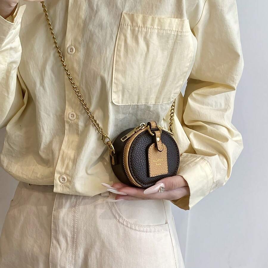 Borsa a Tracolla Rotonda Mini Marrone in PU da Donna con Tracolla a Catena Dorata e Chiusura a Cerniera - Portafoglio Rotondo alla Moda, Può Contenere Chiavi, Monete e Rossetto, Accessorio Quotidiano|Borse Chic per Donne|Borsa
