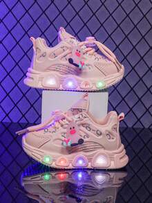 1 双时尚 LED 照明皮革透气运动鞋，适合男孩和女孩 - 休闲、减震、四季非户外跑步和步行鞋 - 粉色 - 查看 1