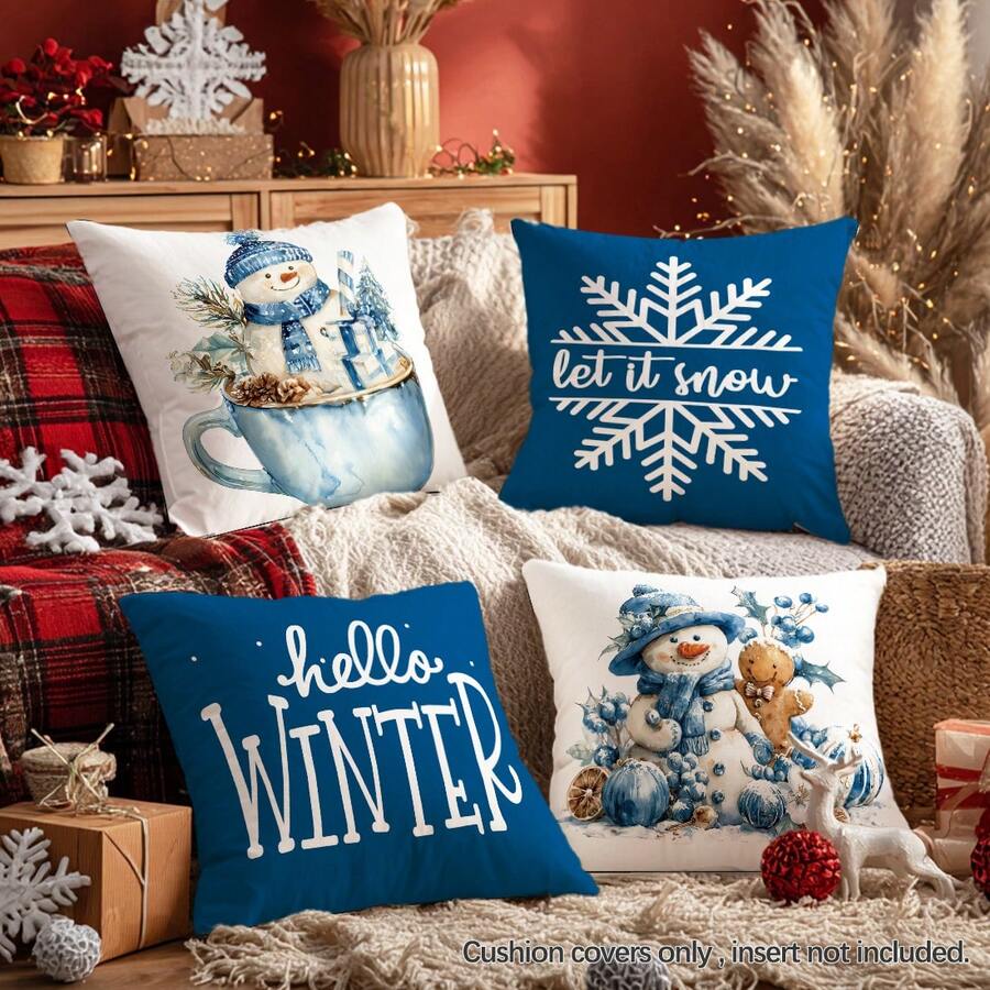 4pcs Christmas Blue Watercolor Snowman & Snowflake Illustration "Let It Snow & Hello Winter" Text Print Cushion Cover [No Pillow Insert], 17.7*17.7in(45*45cm), [Single-Sided Printing] Merry Christmas Holiday Decorative Polyester Pillow Case, Christmas Decor, Home Decor, Bedroom Decor