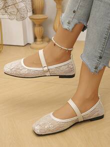 女士时尚亮片方头平底鞋，日常休闲套脚鞋，搭配连衣裙，尺码35-43，春秋季，芭蕾平底鞋 - 米底網紗-米色拼白金線大花 - 查看 4