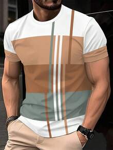 男士3D条纹图案T恤 - 休闲涤纶圆领T恤，可机洗 - 彩色 - 查看 2