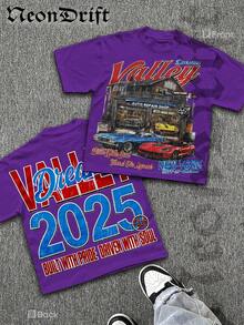 Y2K,Printed With Patterns Of A Vintage - Style Auto Repair Shop, Along With The Words 'Dreams Valley',Fashionable Cotton Men's T-Shirt, , Surprise Gift For Friends And Family, Drop Shoulder Sleeves Round Neck - 紫色 - 查看 1