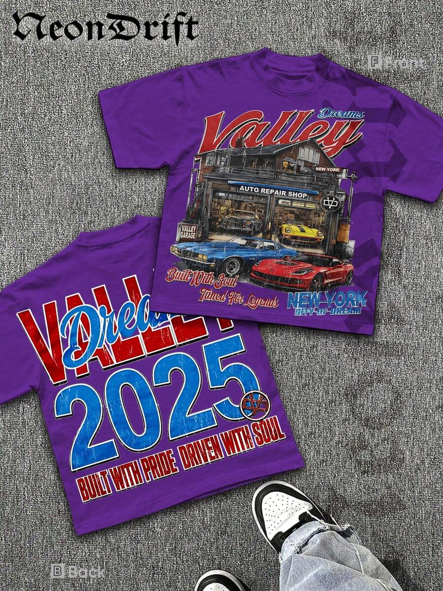 Y2K,Printed With Patterns Of A Vintage - Style Auto Repair Shop, Along With The Words 'Dreams Valley',Fashionable Cotton Men's T-Shirt, , Surprise Gift For Friends And Family, Drop Shoulder Sleeves Round Neck - 紫色 - 查看 1