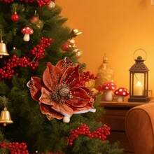 Flor artificial navideña, adorno brillante y colorido para la punta del árbol, ideal para decorar el hogar o como detalle para fiestas. - Naranja - Ver 5