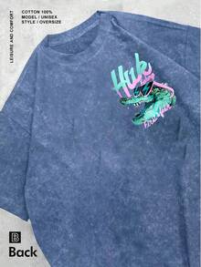 2026 "Huk Fishing First Fish" Men's Vintage-Style Printed T-Shirt, Featuring A Fun Crocodile Pattern Print, Casual Round Neck, Short Sleeves, 230g Was - 寶藍色 - 查看 3