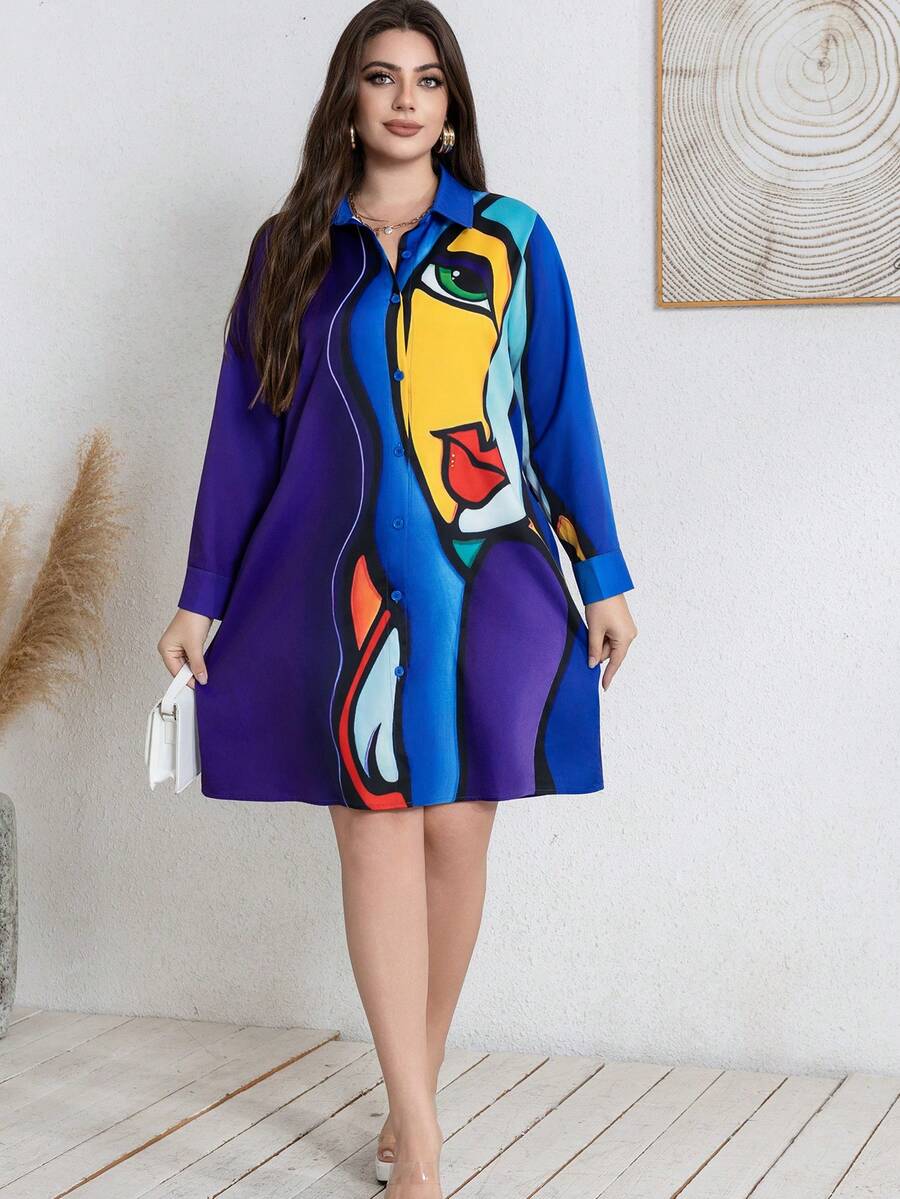 大码女式秋季时尚抽象印花长袖中长衬衫裙，优雅派对连衣裙 - 藍色 - 查看 1