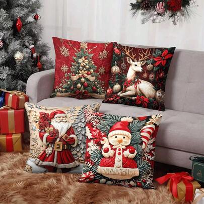 4 件/1 件圣诞派对装饰枕套 - 圣诞老人、驯鹿、圣诞树和节日雪人 2D 图案，18x18 英寸 | 拉链封口 | 鲜艳的色彩和涤纶材质 | 适用于客厅、房间装饰、沙发和卧室（不含填充物）非常适合圣诞装饰、圣诞派对、卧室装饰、家居装饰