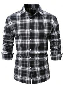 男士长袖格子羊毛衬衫，商务休闲，新款黑白，秋冬 - 黑與白 - 查看 2