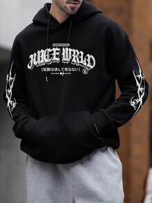 Krometka 男士连帽衫，秋冬新款，英文标语和图案印花套头卫衣 - 黑色 - 查看 2