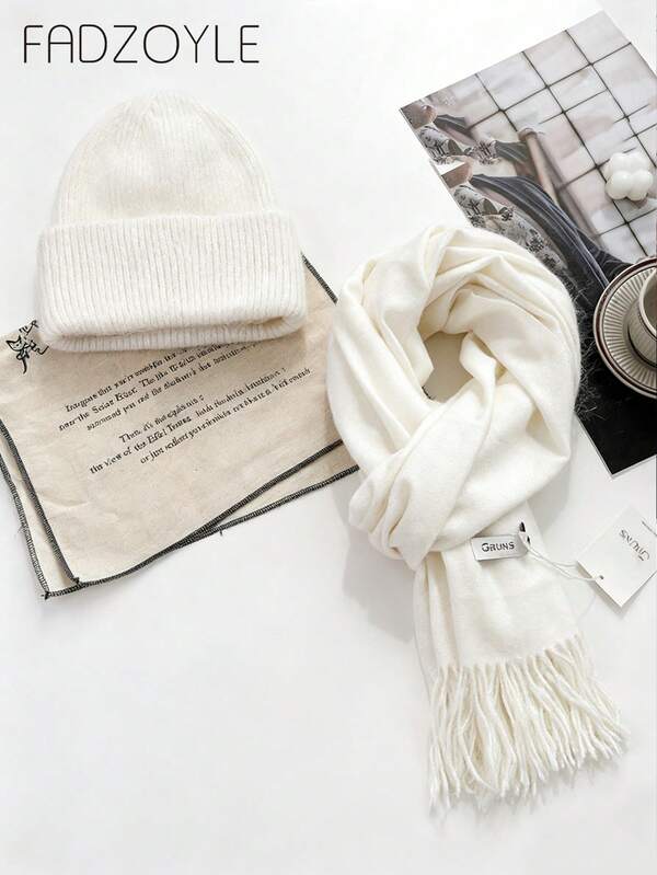 FADZOYLE 1pc/2pcs Hat & Scarf Set Solid Color Scarf Large Size Cashmere Feel Wraps Shawl For Dress Wedding And Gift Evening Dresses Travel Office, Fall Winter All Season Solid Color Knit Cuffed Beanie Hat Rabbit Hair Fur Knitted Caps Soft Snug Outdoor Daily Use Gift Snow Ski Running Accessories