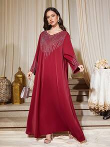 优雅水钻V领休闲宽松长袖连衣裙 春季 - 酒紅色 - 查看 3