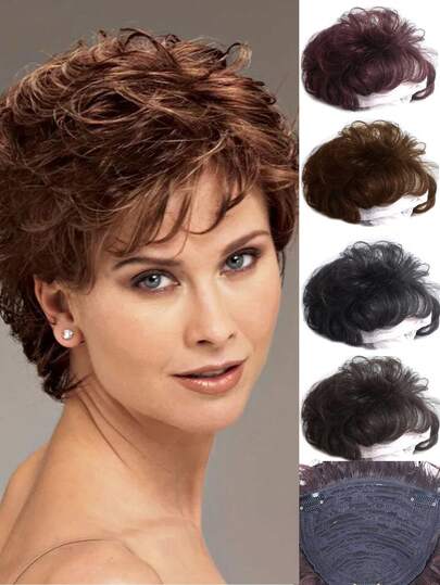 短卷发头顶替换片头发遮盖白发黑色假发短款合成假发合成长水波卷半头假发女士假发隐形头顶假发块增加发量