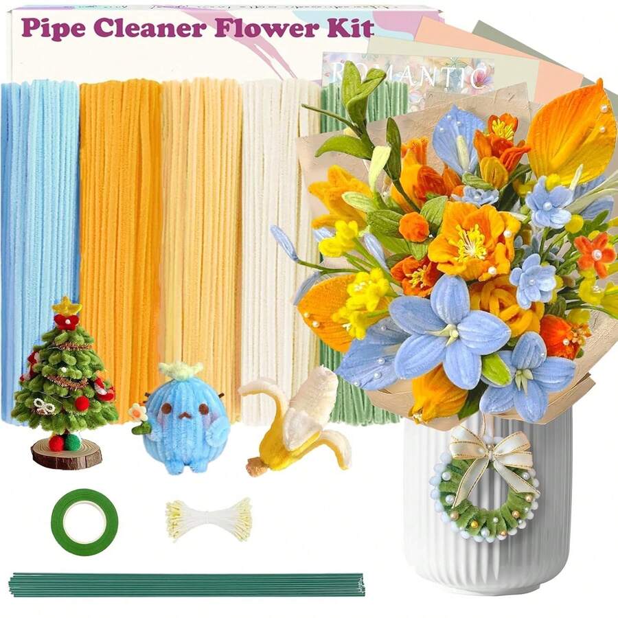 500 Pcs Pipe Cleaners Flower Kit, 20pcs Green Floral Wires, 1pc Gardening Tape, 150pcs Stamen, Pipe Cleaners Craft, Chenille Stems For DIY Art Projects Creative Gift - 藍黃色 - 查看 1